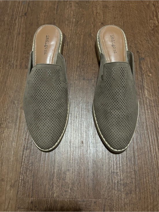 Indigo Shoes - Indigo Taupe Perforated Suede Slip-On Mules